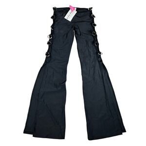 Latin Angel Black Lycra Flare Pants Side O-Ring Cutout Slits XL Y2K NWT